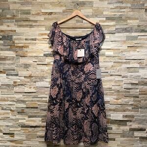 Cooper St 14 Off-Shoulder Midi Dress | Snakeskin Print, Ruffle, NWT $190